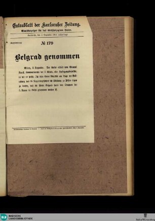 Karlsruher Zeitung, Extrablatt No. 179, Belgrad genommen