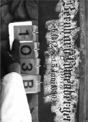 Grabstein 103 (Index: 100114807) Material: Sandstein und ? Zustand: sehr gut Maße HxBxT: 213x61x32 cm Beschreibung: Ädikula, eingezogener Rundbogen, Voluten und Akroter, Sterne und Blatt in Giebel: Grabstein 103B
