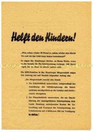 Forderung der Hamburger KPD nach unentgeldlicher Schulspeisung (Antrag an den Senat, Ablehnung durch CDU, FDP, DP und SPD) und Aufruf zur Wahl ihrer Kandidaten