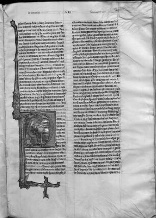 Vincentius Bellovacensis speculum naturae / Speculum maius / Speculum naturale — Kapitel "De herbarum seminibus", Initial P mit Gelehrtem an rundem Tisch, Folio fol. 48 r