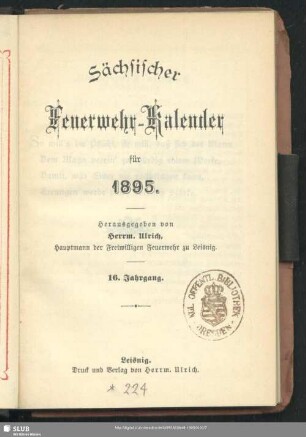16.1895: Sächsischer Feuerwehr-Kalender : für das Jahr ...