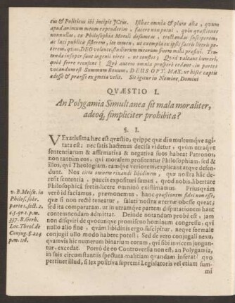Quaestio I. An Polygamia Simultanea sit mala moraliter, adeoque simpliciter prohibita?