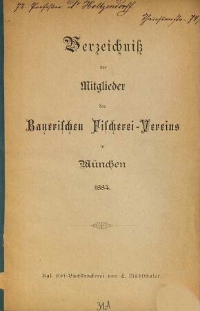 Verzeichniss der Mitglieder des Bayerischen Fischerei-Vereins in München, 1884