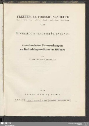 Geochemische Untersuchungen an Kalisalzlagerstätten im Südharz