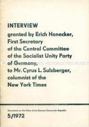 Interview von Erich Honecker mit der "New York Times" (in englischer Sprache)