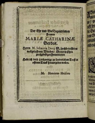 Der Ehr und Viel Tugendsamen Frawen Mariæ Catharinæ Gerdes.