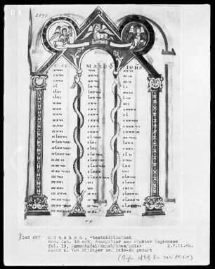 Evangeliar — Kanon 4 mit Engel/Löwe/Adler, Folio 19recto