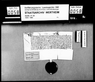 Ludwig, Graf zu Löwenstein und Herr zu Scharfeneck (Scharpfeneck), belehnt David von Helmstadt (Helmstat) mit einem Viertel des Zehnten zu Löwenstein.