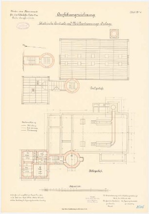 Kaserne für das Luftschiffer-Bataillon, Berlin-Jungfernheide: Elektrische Zentrale und Müllverbrennungsanlage: Grundriss Kellergeschoss, Dachgeschoss 1:100