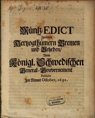 Münz-Edict in den Herzogthümern Bremen und Vehrden