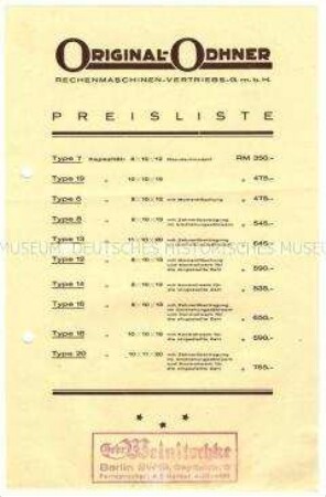 Preisliste über Rechenmaschinen