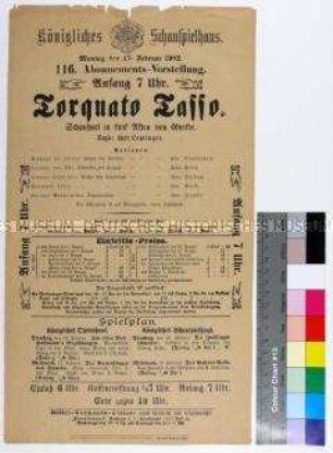Programm des Königlichen Schauspielhauses Dresden für die Aufführung von "Torquato Tasso" am 17. Februar 1902