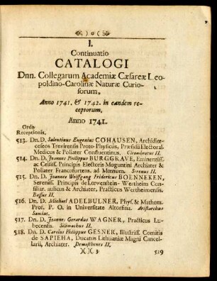 I. Continuatio Catalogi Dnn. Collegarum Academiae Caesarae Leopoldino-Carolinae Naturae Curiosorum