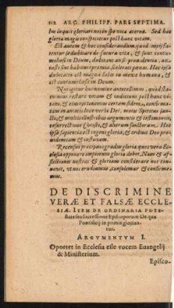 De Discrimine Verae Et Falsae Ecclesiae. Item De Ordinaria Potestate seu successione Episcoporum De qua Pontificii in primis gloriantur.