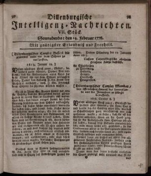 VII. Stück. Sonnabends: den 14. Februar 1778.