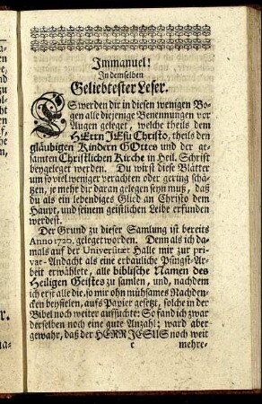 Immanuel! In demselben Geliebtester Leser.