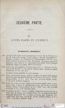 IV Livres Rares et Curieux (Nr. 1319 - 1422)