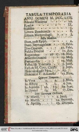 Tabula Temporari pro Anno Domini M.DCC. LVII.