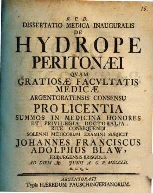 Diss. med. inaug. de hydrope peritonaei