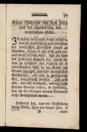 Kurze Nachricht von dem Alter und der Entstehung des venerischen Gifts.