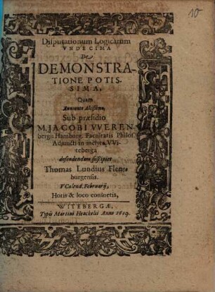 Disputationum Logicarum Undecima De Demonstratione Potissima