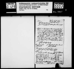 Transport virneburgischer Renteigelder von Koblenz nach Wertheim mit dem kaiserlichen Postwagen (Abschrift).