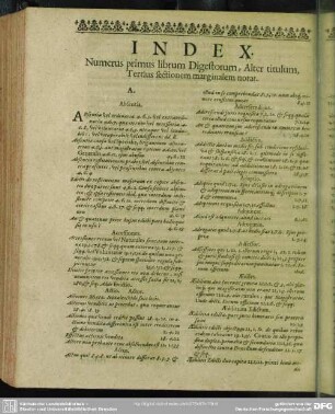 Index. Numerus primus librum Digestorum, Alter titulum, Tertius sectionem marginalem notat