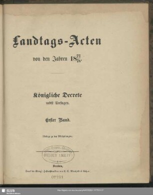 1877/78,1: Landtags-Akten / Königliche Dekrete