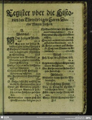 Register uber die Historien des Ehrwürdigen Herrn Doctor Martin Luthers