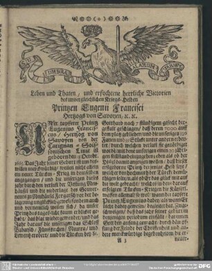 Leben und Thaten, und erfochtene herrliche Victorien des unvergleichlichen Kriegs-Helden Printzen Eugenii Francisci Hertzogs von Savoyen, [et]c., [et]c.