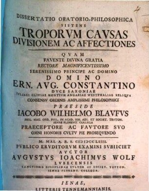 Dissertatio Oratorio-Philosophica Sistens Troporvm Cavsas Divisionem Ac Affectiones