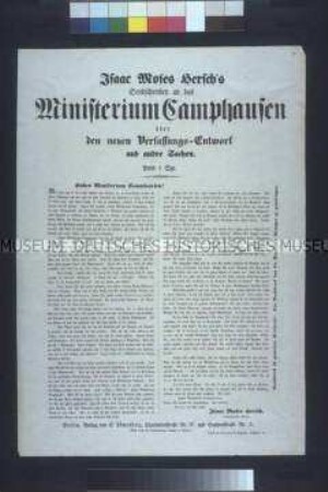 Satirisches Flugblatt: Isaac Moses Hersch's Sendschreiben an das Ministerium Camphausen; Berlin, Mai 1848