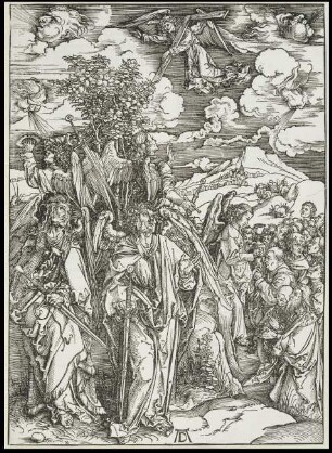 Vier Engel, die Winde aufhaltend / Die Versiegelung der Auserwählten, aus der Folge der Apokalypse, Latein-Ausgabe 1511