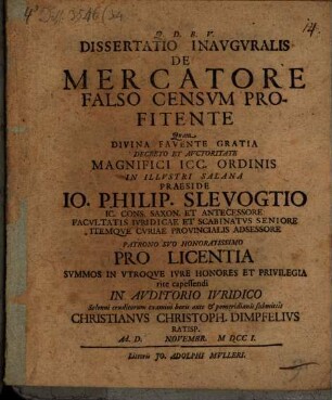 Dissertatio Inavgvralis De Mercatore Falso Censvm Profitente
