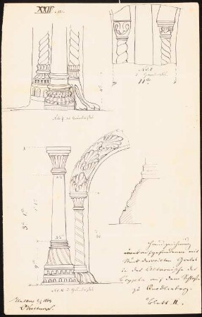 Stiftskirche St. Servatius (Dom), Quedlinburg: Ansichten der Basis Säule Nr. 7 des Grundrisses, des Kapitells von Nr. 8, der Säule Nr. 10 mit Kapitell und Basis mit Teilansicht Arkadenbogen, Schnitt Basis Säule Nr. 10