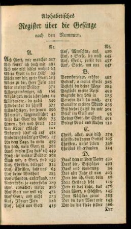 Alphabetisches Register über die Gesänge nach den Nummern
