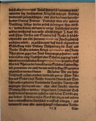 Copia Chur-Pfaltz Schreibens An die Reichs-Versamblung zu Regenspurg vom 19/29. Septemb. 1676 Die Demolition der Vestung Philippsburg betreffend