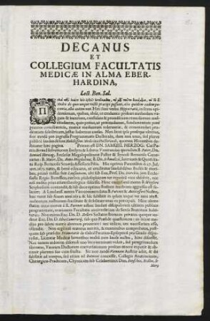 Decanus Et Collegium Facultatis Medicae In Alma Eberhardina, Lect. Ben. Sal.