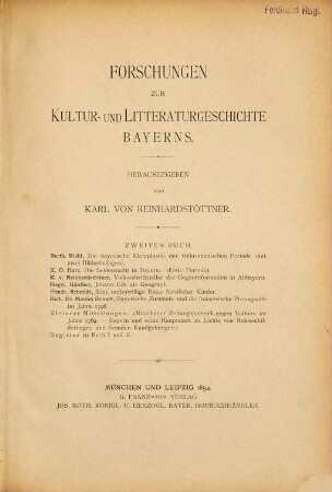 Forschungen zur Kultur- und Litteraturgeschichte Bayerns. 2, 2. 1894