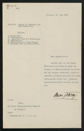 Gesuch um Zulassung zur Doktorpromotion 28.6.1921