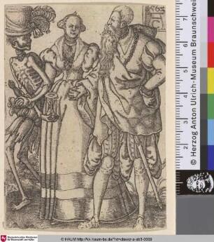 [Death-Dance; Totentanz: Paar geht Hand in Hand mit dem Tod, der einen großen Hut trägt]