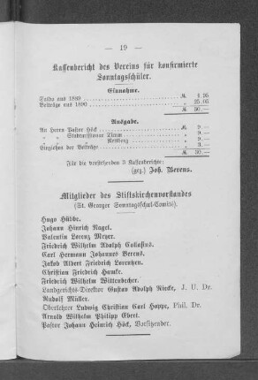 Kassenbericht des Vereins für konfirmierte Sonntagsschüler.