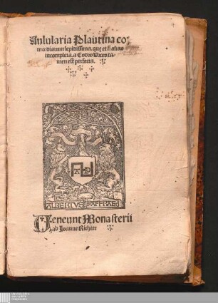 Aulularia Plautina co-,||moediarum lepidissima : qu[a]e et si alias || incompleta. a Codro Urceo ta-||men est perfecta.||