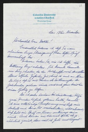 Brief von Frederick W. J. Heuser von Columbia University / Deutsches Haus  an Margarete Hauptmann