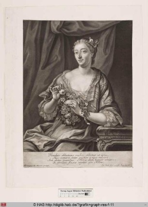 Porträt einer sitzenden Frau, die Blumen in ihren Händen hält.