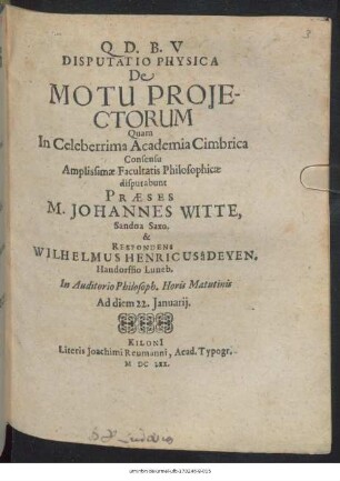 Disputatio Physica De Motu Proiectorum