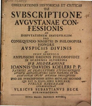 Observationes hist. et crit. de subscriptione Augustanae Confessionis