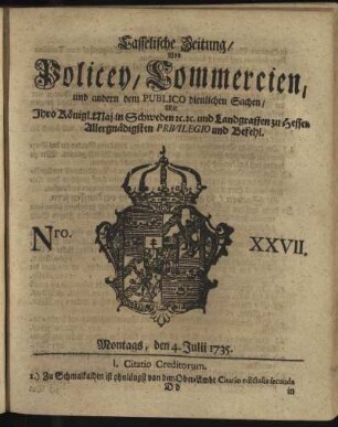 Nro. XXVII, Montags, den 4. Julii 1735