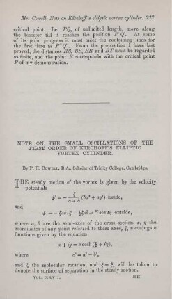 Note on the small oscillations of the first order of Kirchoff's elliptic vortex cylinder.