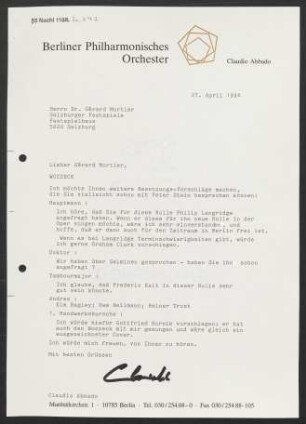 Brief an Gerard Mortier an Salzburger Festspiele, 27.04.1994